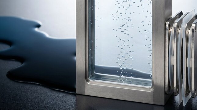 Hydrogen fuel cell electrolysis device with bubbles rising in water on dark reflective surface