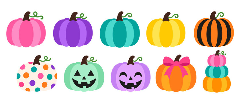 Colorful pumpkin icons with polka dot bow and jack o lantern