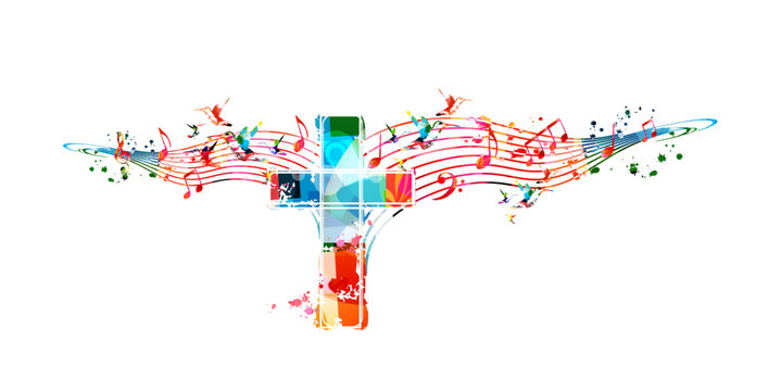 Colorful christian cross with music notes isolated vector illustration. Religion themed background. Design for gospel church music, concert, festival, choir singing, Christianity, prayer