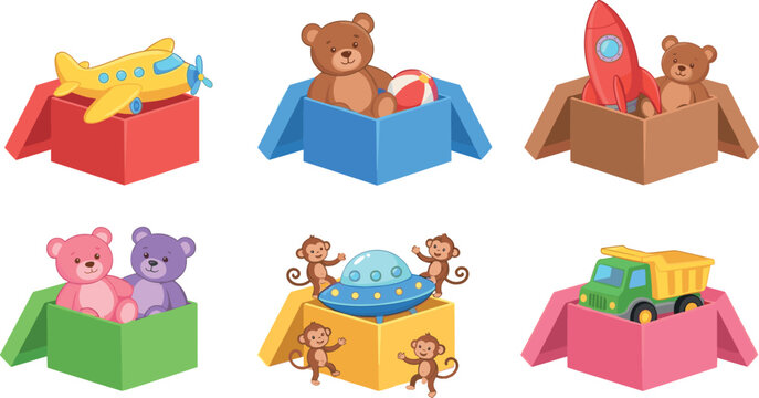 Cute Kids Toy Box Vector Set with Teddy Bears Rocket Ship Airplane Truck and Monkeys for Children Playroom Storage Graphic Designs
