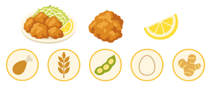 Food allergen icons with fried chicken lemon and egg