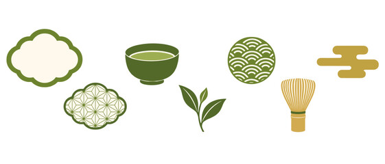 Fototapeta premium Japanese tea ceremony icons with matcha bowl whisk and cloud