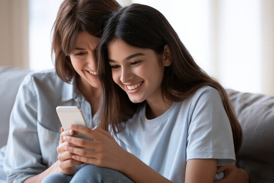 Mother and teenage daughter looking at a smartphone together sitting on sofa