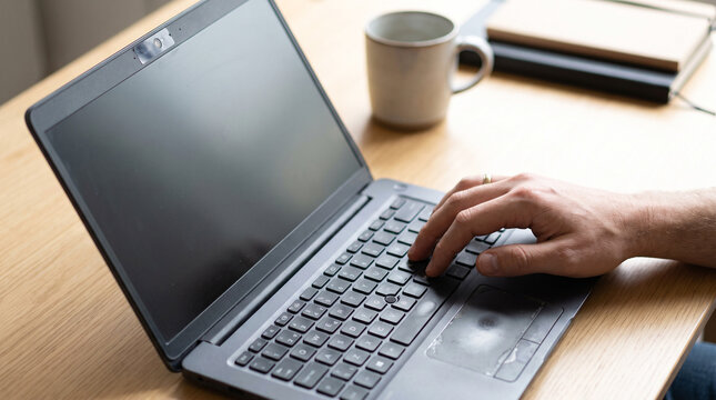Hands typing on laptop at wooden desk with coffee mug and notebook. Remote work and digital productivity. Online communication, business and study. Home office workspace.