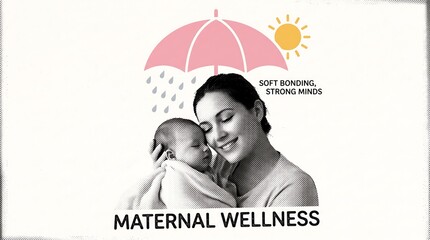 Obraz premium Maternal wellness concept with mother holding baby under pink umbrella and sun illustration