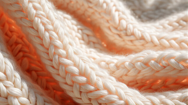 Knit fabric texture showing thick wool strands creating an abstract pattern in extreme close up