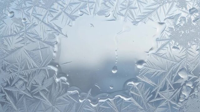 Beautiful ice crystals and frost pattern melting on a cold winter window glass