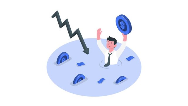 Man in Financial Crisis with Falling Stock Chart Illustration. Bankruptcy and recession scene for debt and economic trouble concepts