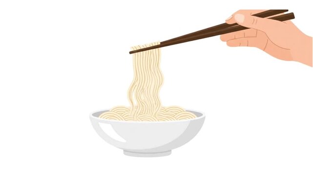 A hand holding chopsticks lifting noodles from a white bowl illustration.