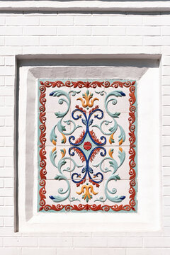 Traditional Yaroslavl ceramic izrazets tile panel on cathedral facade