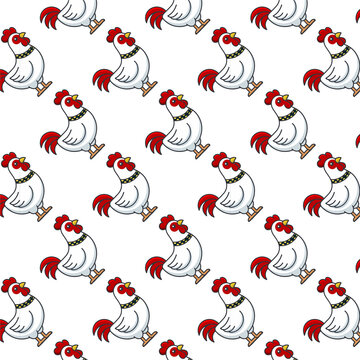 Cute Rooster Print Pattern with Red Crest and Collar Accents