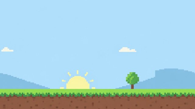 Pixel Art Landscape with Sunrise Tree and Grass Field Animation