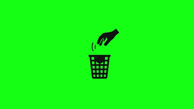 Hand dropping trash into waste bin icon animation on green screen background