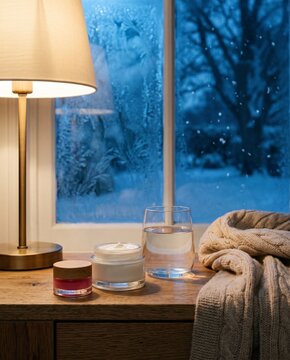 Winter nighttime skincare routine with lip mask, rich hand cream and water by a frosted window for dry skin hydration, overnight repair and cold weather protection