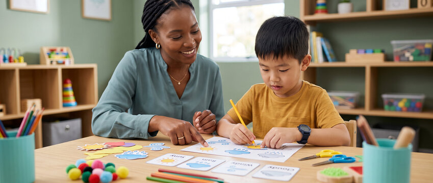 Boy with autism learning weather using picture cards, teacher guiding his hand, special education, visual learning, autism support, child development