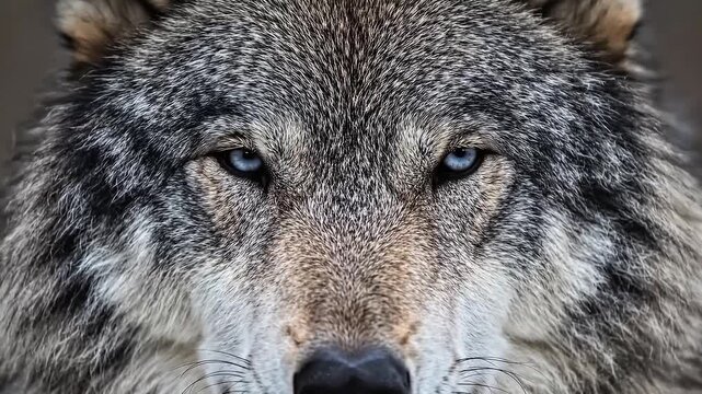 Macro close up portrait of grey wolf face with blue eyes blinking
