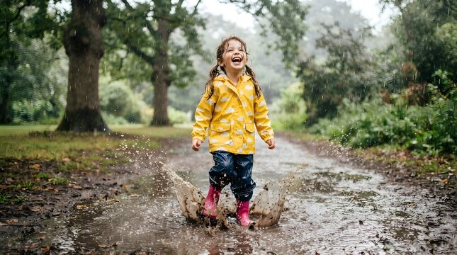 Happy Little Girl Having Fun Playing in the Rain Outdoors.