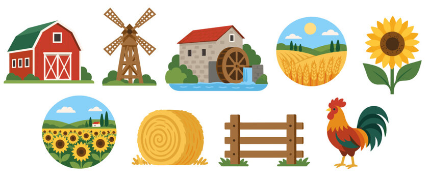 Farm scenery icons with barn windmill sunflower and rooster