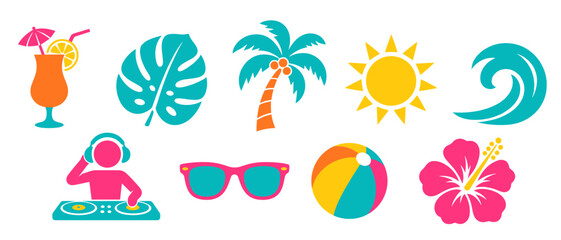 Fototapeta premium Tropical summer icons with cocktail palm leaf and dj