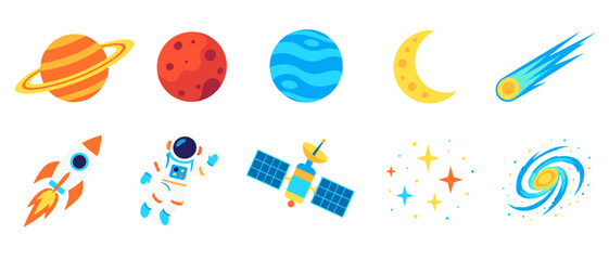 Space icons with planets astronaut rocket and satellite © Mark