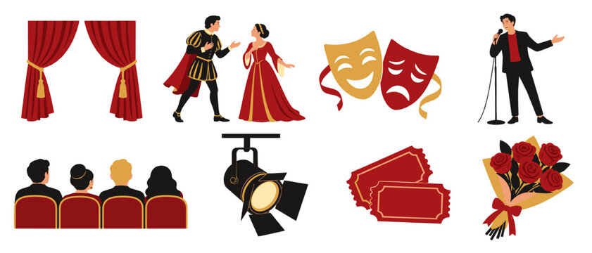 Theater icons with curtain masks actors and roses