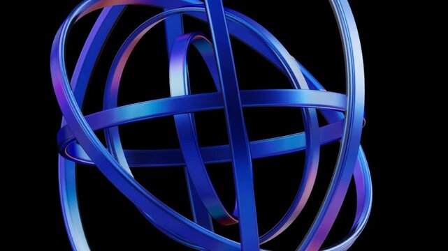 3D render Close-Up Rotating Blue Glass Rings Sphere Seamless Loop Video, Abstract Cybernetic Armillary Motion Graphics, Futuristic Interlocking Rings Axis Spin &ndash; Macro view of glossy cobalt blue