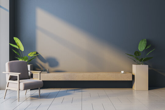 Modern Interior Wall Mockup With Blank Copyspace, Contemporary Chair, Plants, Sunlight, Shadows, and Branding Display Template. 3D Rendering