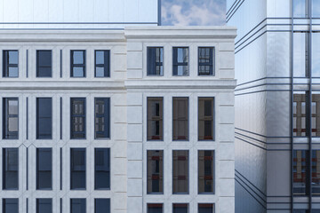 Obraz premium Modern commercial office building facade with reflective windows and classical architectural details against a bright outdoor sky. 3D Rendering