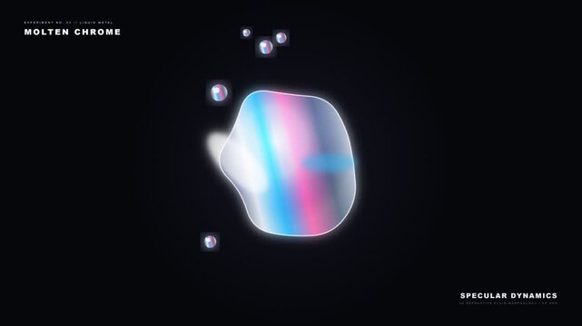 Liquid molten chrome metal blob morphing shape with glowing iridescent reflections in digital motion clip