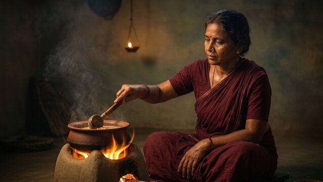 Kharna Ritual &ndash; Woman Preparing Rasiya Kheer for Chhath Puja