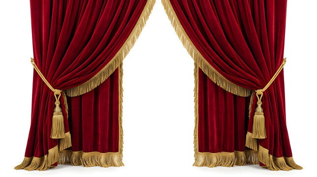 Velvet Red Stage Curtains: Luxurious red velvet curtains, adorned with golden tassels and trim, frame a theatrical entrance, hinting at a grand performance.