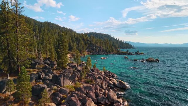 Granite boulders along the wooded shore of Lake Tahoe. Conifers line a rocky bank beside turquoise water, with clouds above the distant mountains.