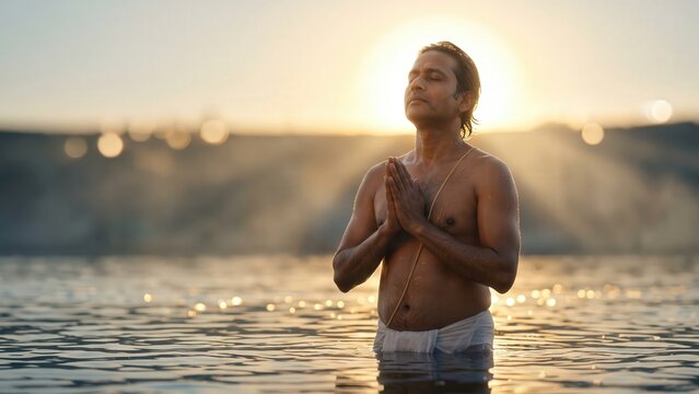 Chhath Puja Devotion &ndash; Male Worshipper Praying in Sacred River