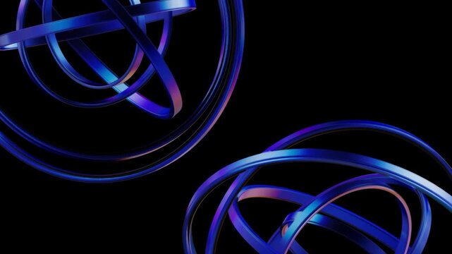3D render Dual Rotating Metallic Blue Ring Spheres Seamless Loop Video, Abstract Cybernetic Intersecting Circles Motion Graphics, Futuristic Split Gyroscope Axis Spin
