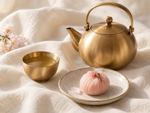 Elegante juego de t&eacute; coreano de lat&oacute;n con postre tradicional sobre papel hanji
