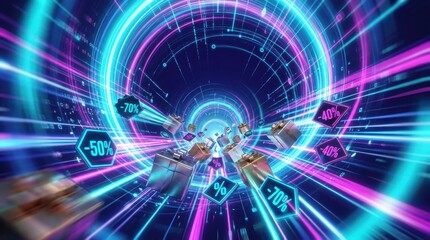 Obraz premium Cyberpunk neon light tunnel with flying gift boxes and discount percentage signs for sale events