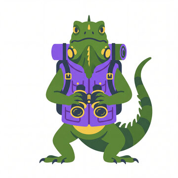 Green iguana hiker wearing vest and carrying binoculars