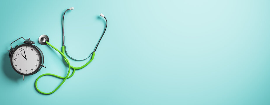 Medical care schedule concept with alarm clock and stethoscope arranged from above on blue background with clean copy space for advertising. 3D Rendering
