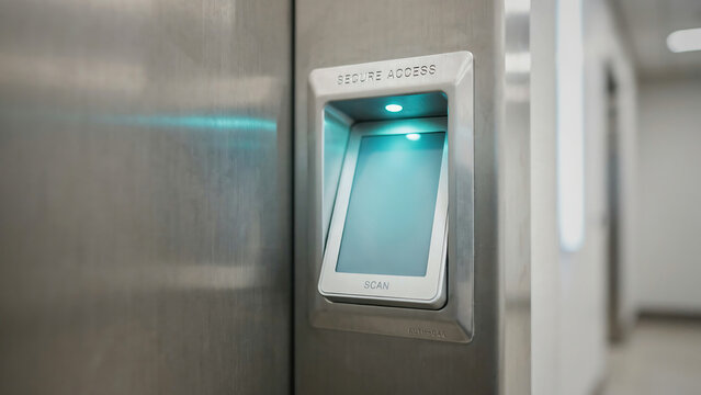 Modern secure access scanner on metallic wall, biometric access control terminal in office, smart security verification reader