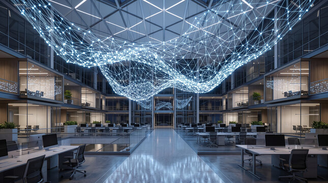 Futuristic office lobby with glowing data visualization network installation.