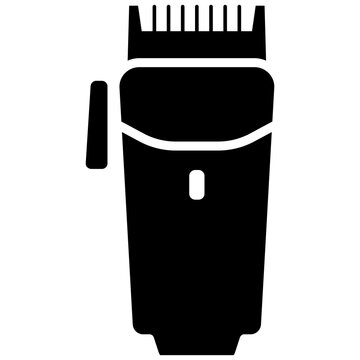 Glyph style icon illustration of an electric hair clipper trimmer isolated on transparent background. Black solid silhouette design element clip art for barber tools.