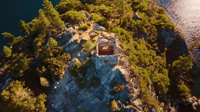 Roofless teahouse on the wooded ridge of Fannette Island. An overhead view shows stone walls among conifers and shrubs, with sunlit water at the edge.
