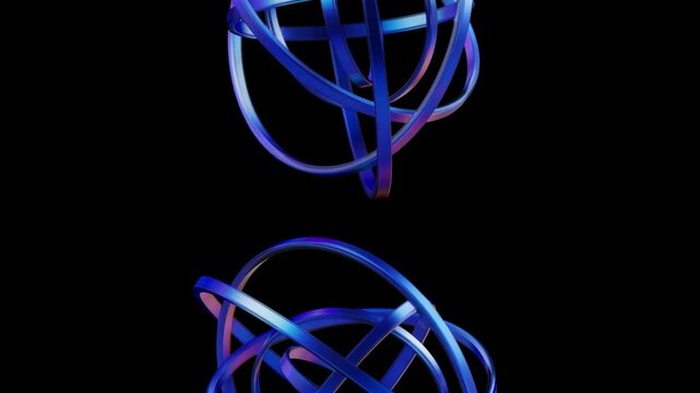 3D render Vertical Rotating Blue Glass Ring Spheres Seamless Loop Video, Abstract Cybernetic Intersecting Circles Motion Graphics, Futuristic Gyroscope Axis Spin &ndash; Symmetrical top and bottom