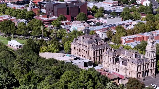 Mid aerial panorama of Bendigo city in regional Victoria, Australia &ndash; historic architecture.