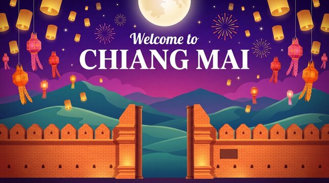 Welcome to Chiang Mai background vector illustration. Beautiful fireworks and lanterns celebration in Chiang Mai