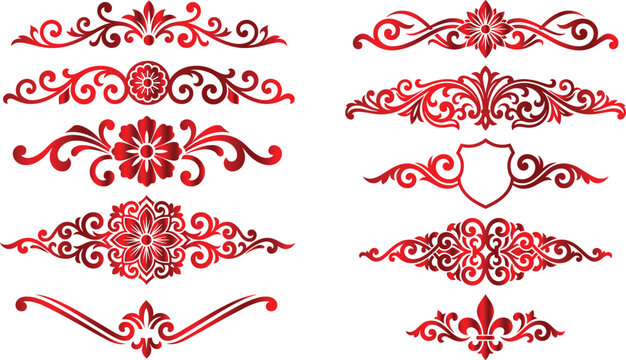 Red ornate floral dividers and elements with fleur de lis for elegant designs.