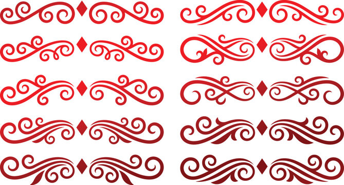 Red swirling flourish dividers with diamond accents for scrapbooking and royal invitations.