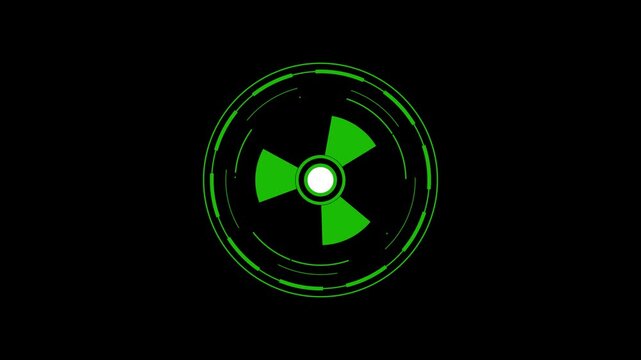 Radioactive symbol animation pulses within circular HUD reticle lines. Hazardous biohazard safety warnings trigger on radioactive symbol. Radiation telemetry monitors on symbol.