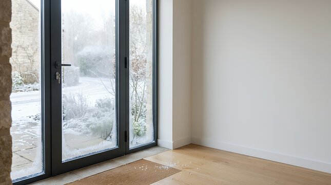 雪景色が見える冬の玄関とガラスドア