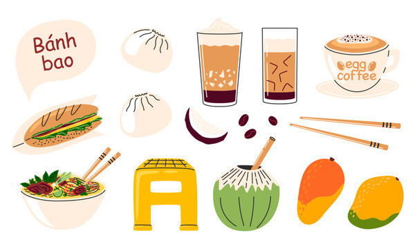 Vietnamese street food set with banh mi, banh bao, pho, egg coffee, coconut and bubble tea. Flat vector illustration